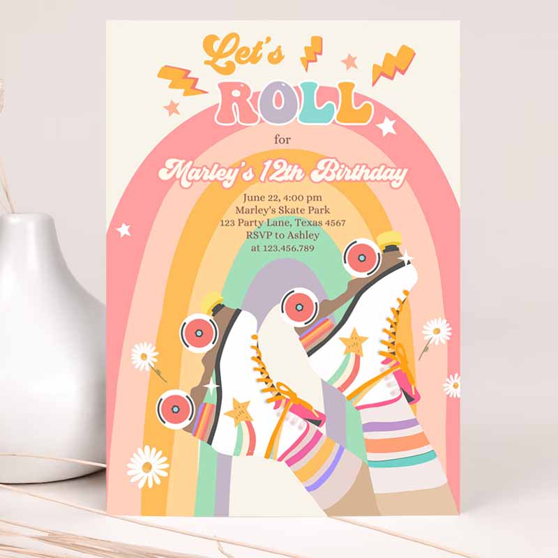 Retro Roller Skate Kids Birthday, Let's Roll Skating Kids Rainbow 's Skate Invite Template