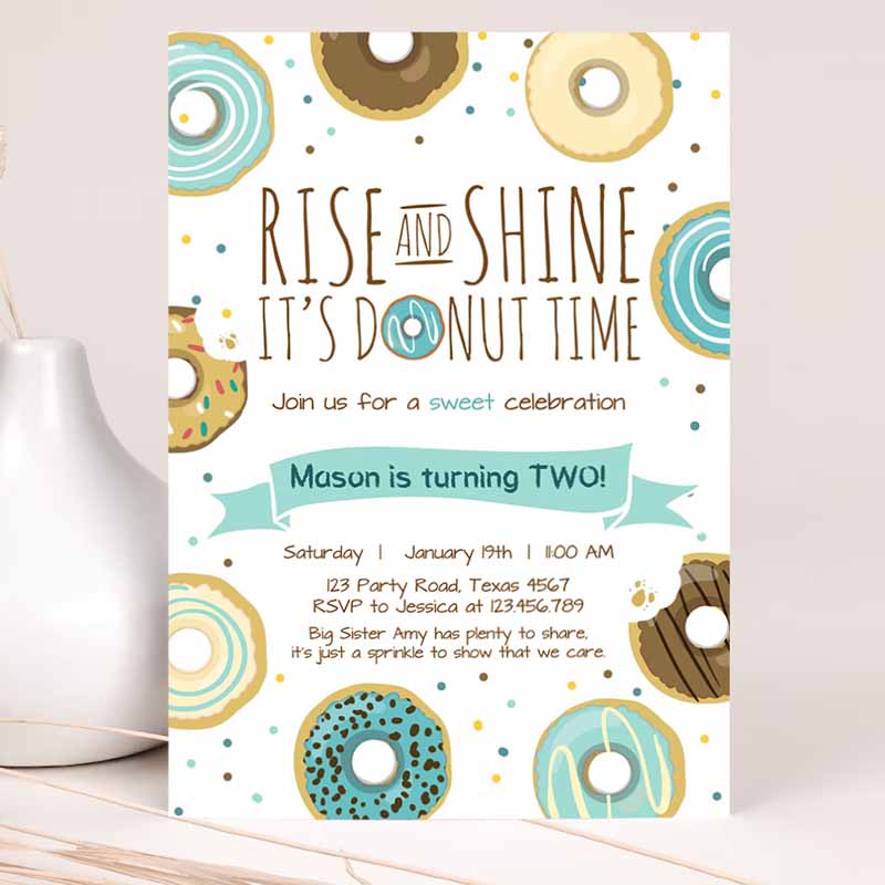 Rise and Shine Donut Time Kids Birthday Invitation, ANY AGE Sweet Boy Kids Birthday Party, Blue Doughnut