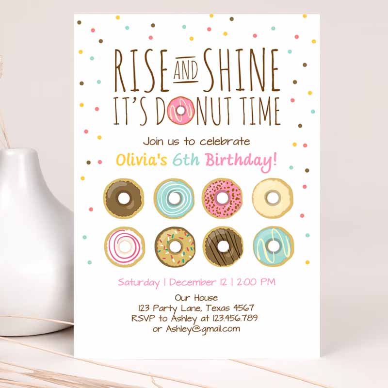 Rise and Shine Donut Time Kids Birthday Invitation, ANY AGE Sweet Girl Kids Birthday Party, Pink Doughnut