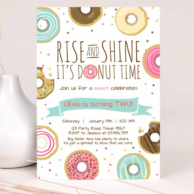 Rise and Shine Donut Time Kids Birthday, ANY AGE Sweet Girl Kids Birthday Party, Pink Doughnut