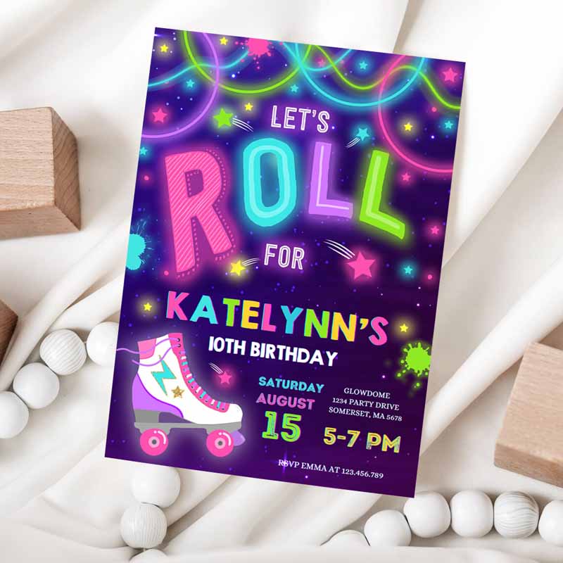 Roller Skating Party Invitation, Glow Roller Skating Kids Birthday Invitation, Roller Skating Neon Glow Disco Dance Party