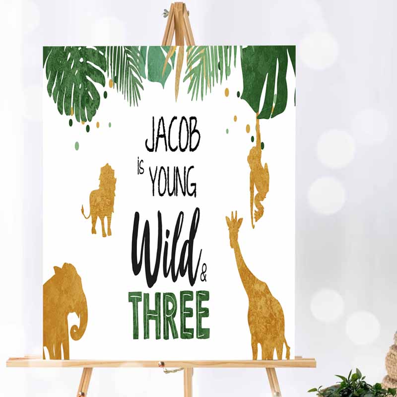 Safari Animals Kids Birthday, Backdrop Banner, Boy Gold Wild and Three Kids Birthday