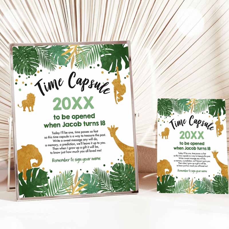 Safari Animals Time Capsule Wild One First Kids Birthday Party, Green Gold Boy Zoo Jungle