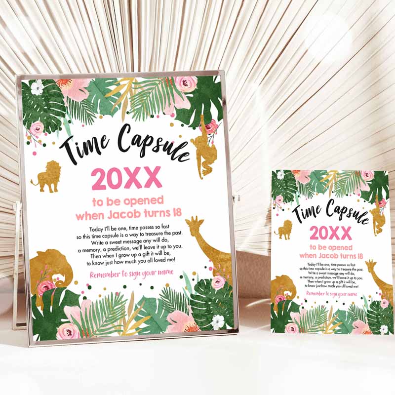 Safari Animals Time Capsule Wild One First Kids Birthday Party, Pink Gold Black Zoo Jungle