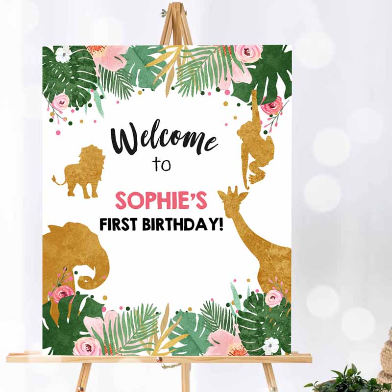 Safari Animals Welcome Sign, Wild One Animals Sign, Zoo Jungle Table Sign, Pink Gold Girl