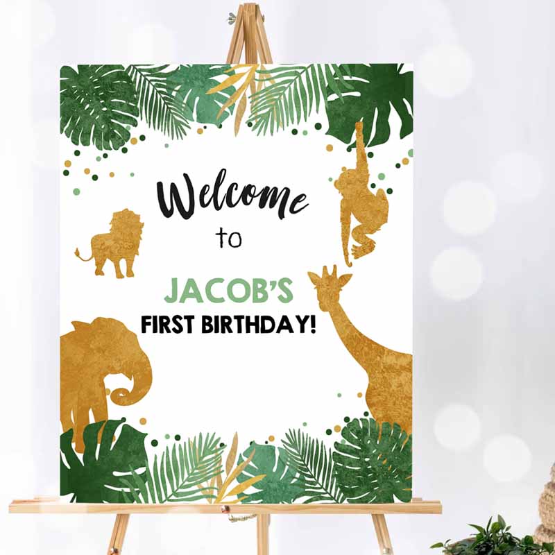 Safari Animals Welcome Sign, Wild One Poster Zoo Jungle Boy First Kids Birthday, Black Gold