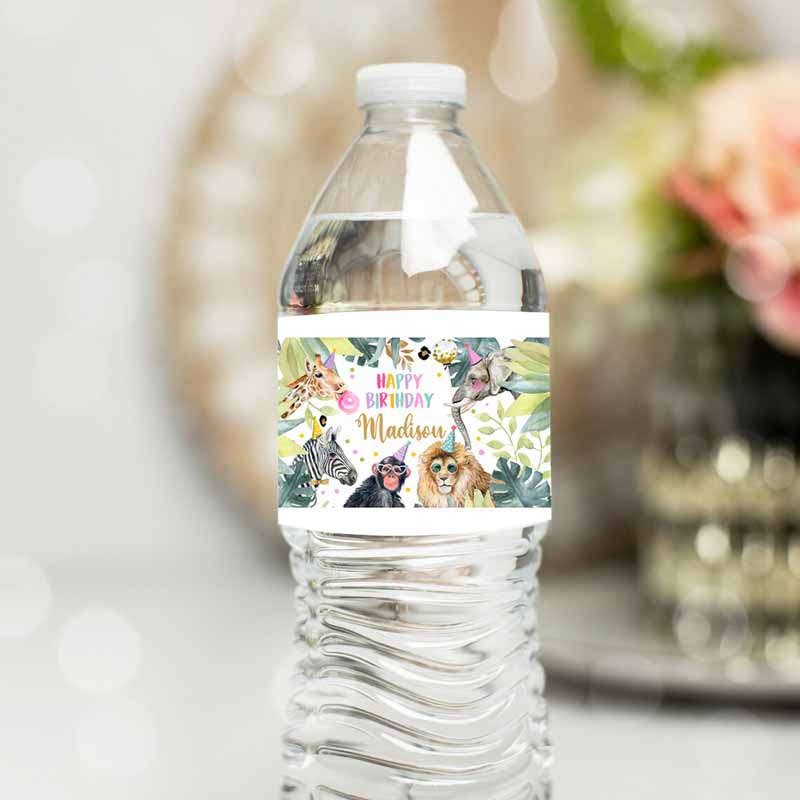 Safari Water Bottle Labels Animals Kids Birthday, Wild One Kids Birthday, Decor Safari Girl Bottle Wrappers