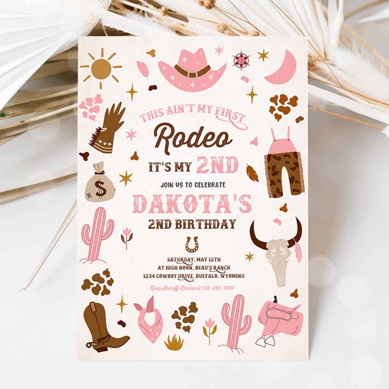 Second Rodeo Cowgirl Kids Birthday, Pink Wild West Cowgirl Rodeo Southwestern Ranch Kids Birthday, Template