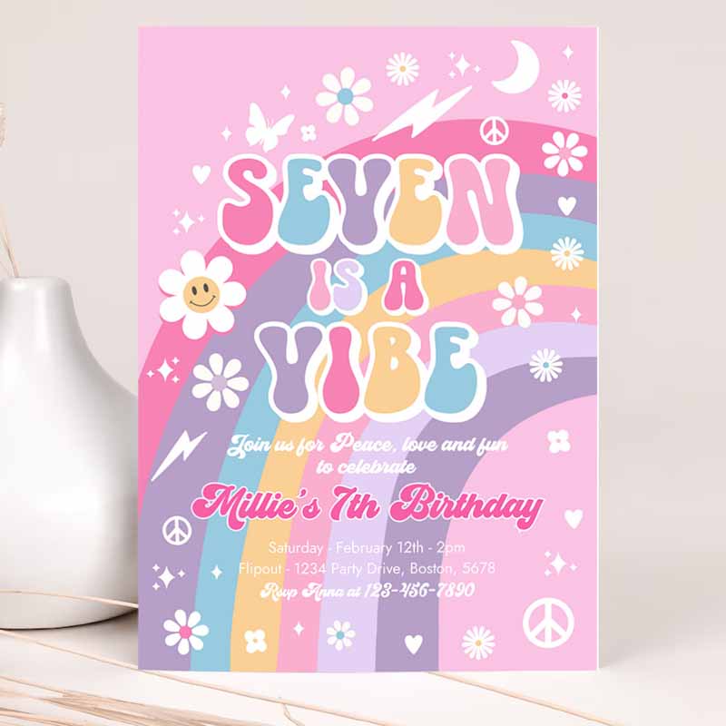 Seven Is A Vibe Groovy Kids Birthday, Pink Purple Blue Groovy Rainbow Hippie Kids Birthday