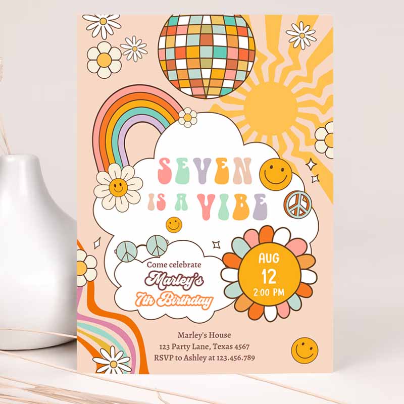 Seven Is A Vibe Groovy Kids Birthday Invitation, Invite Rainbow Peace Love Party, Girl