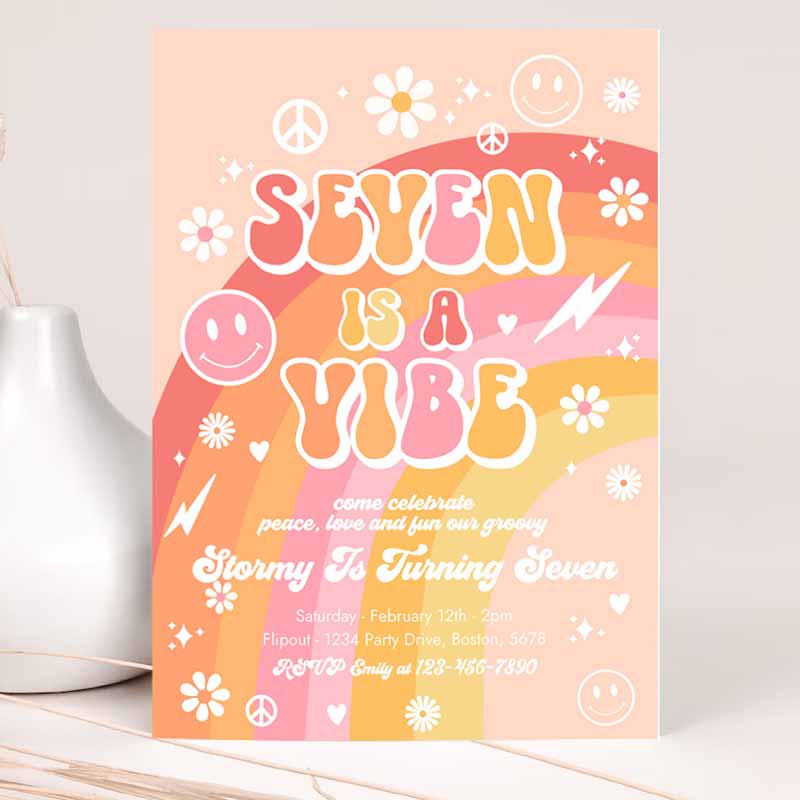 Seven Is A Vibe Groovy Kids Birthday, Peace Love Party, Rainbow Party, Hippie Groovy Kids Birthday