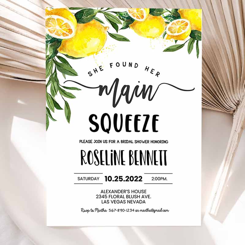 She Found Her Main Squeeze Bridal Shower Invitation, Lemon Citrus Watercolor Invite, Summer