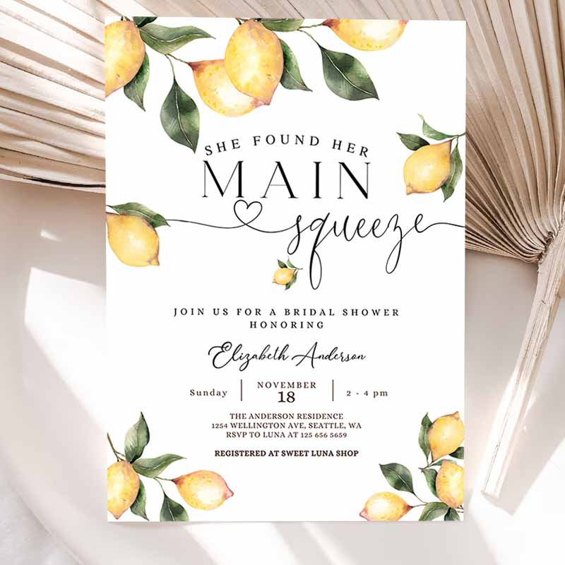 She Found Her Main Squeeze Invite Rustic Lemon Bridal Shower Invitation, Bridal Shower