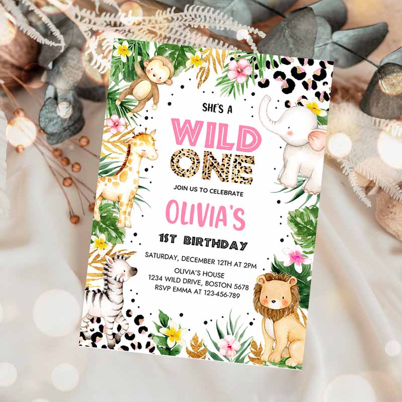 She's a Wild One Leopard Print Safari Animals Kids Birthday, Leopard Print Jungle Kids Birthday Party