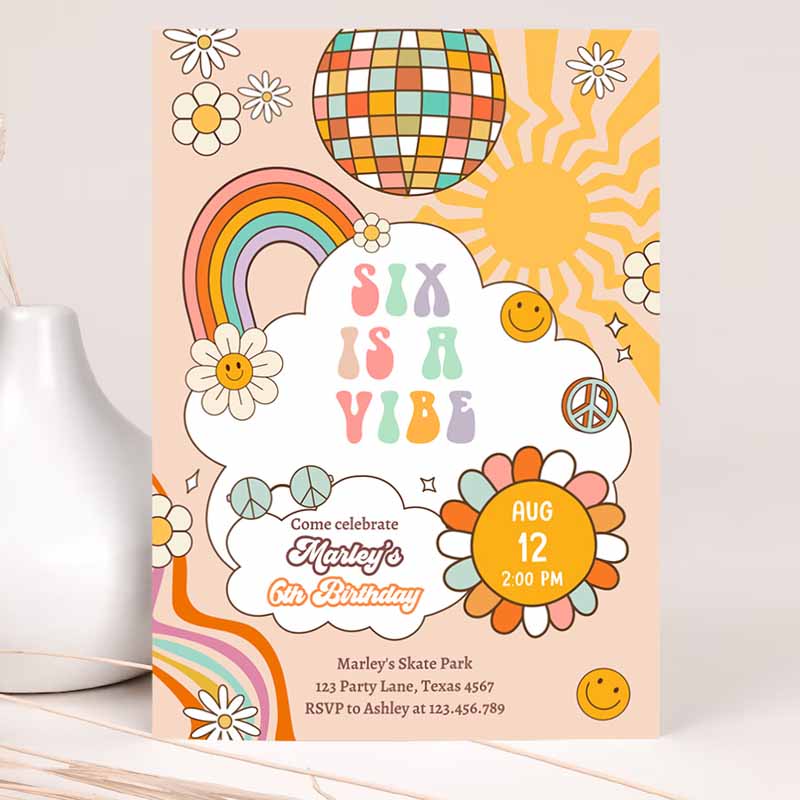 Six Is A Vibe Groovy Kids Birthday Invitation, Invite Rainbow Peace Love Party, Girl