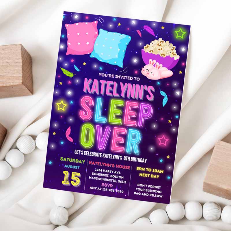 Sleepover Invitation, Slumber Party Invitation, Sleepover Kids Birthday Invitation, Pajama Party, Neon Glow Sleepover Party