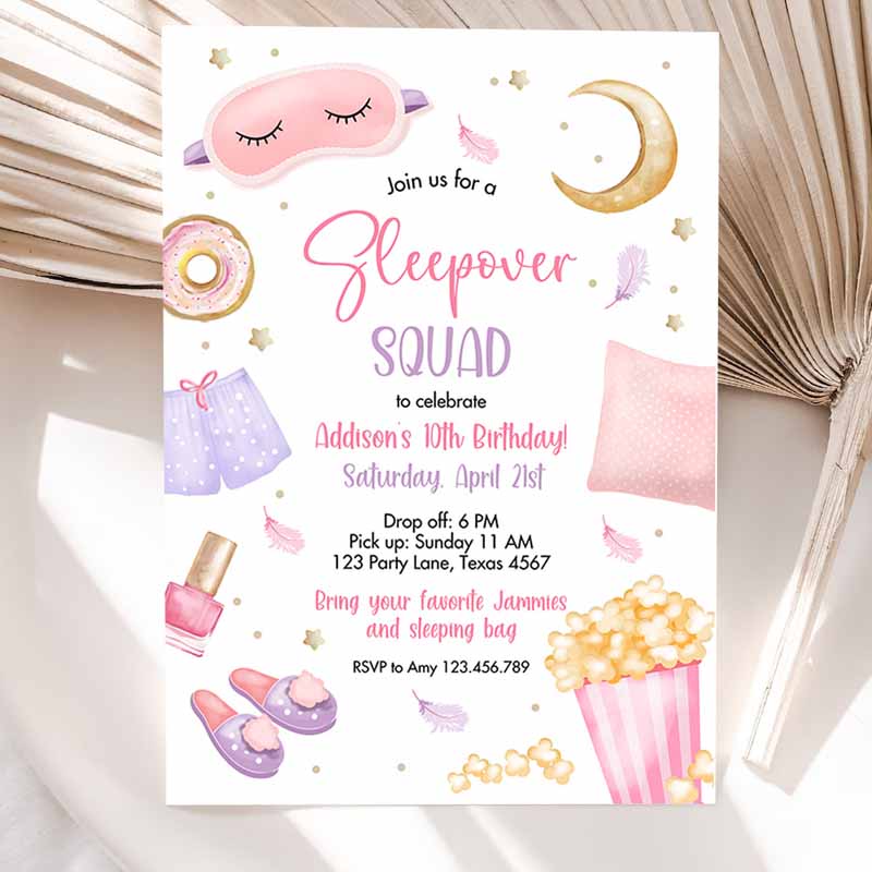 Sleepover Squad Kids Birthday Invitation, Slumber Party, Invite Pink Girl Spa Tween Teen