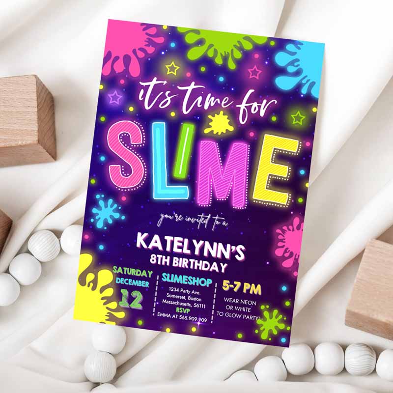 Slime Invitation, Glow Slime Invitation, Neon Slime Kids Birthday, Invite Time For Slime Experiment Slime Party