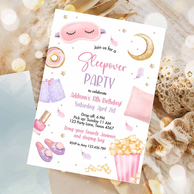 Slumber Party, Sleepover Kids Birthday, Invite Pink Girl Spa Tween Teen