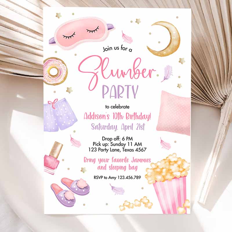 Slumber Party, Sleepover Kids Birthday, Invite Pink Girl Spa Tween Teen