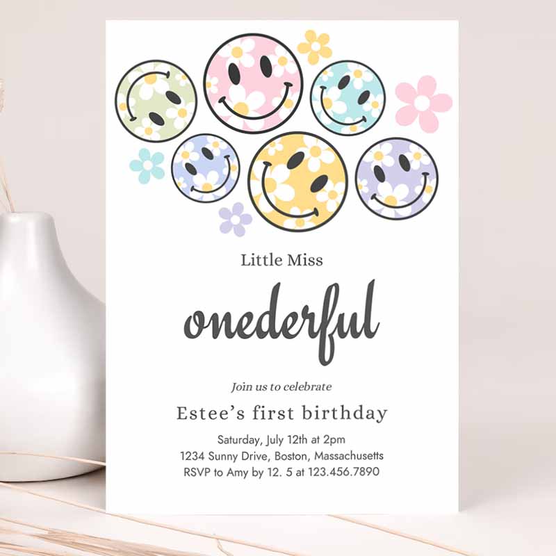 Smiley Daisy Face Kids Birthday Invitation Daisy Little Miss Onederful Kids Birthday, Happy Face Party