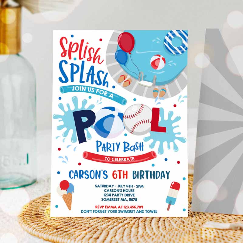 Soccer Pool Party Invitation, Sports Summer Pool Party, Sports Pool BBQ Kids Birthday Party, Pool Party