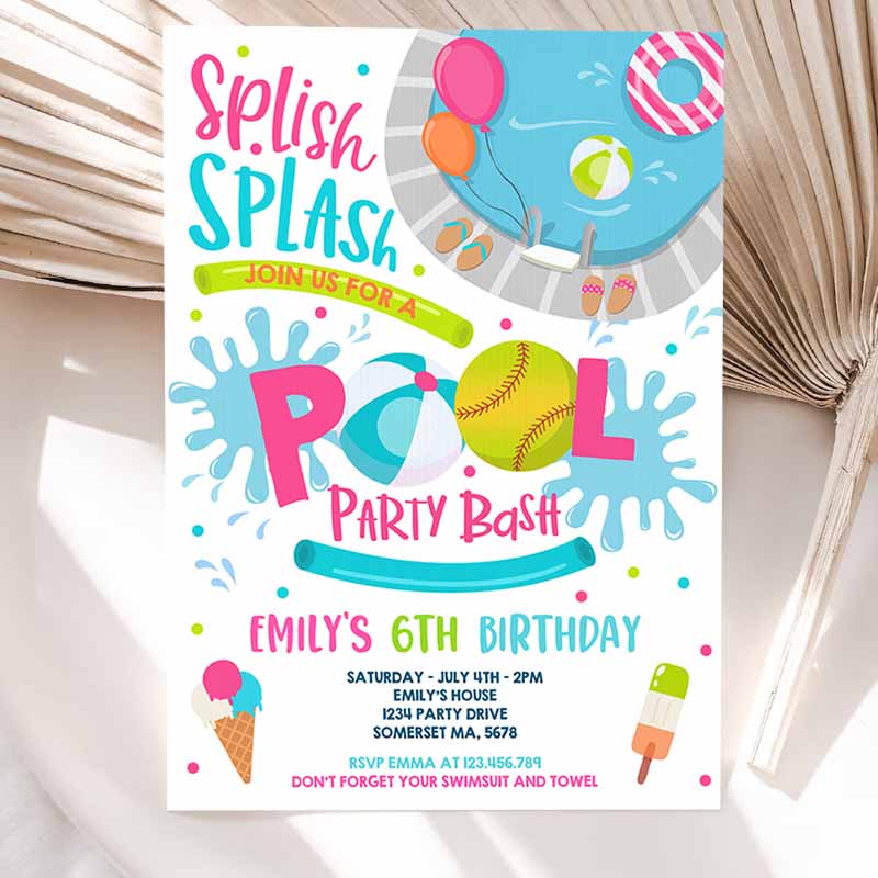 Softball Pool Party, Kids Birthday Invitation, Girl Summer Softball Team Pool Party, Pool BBQ Kids Birthday, Pool Party