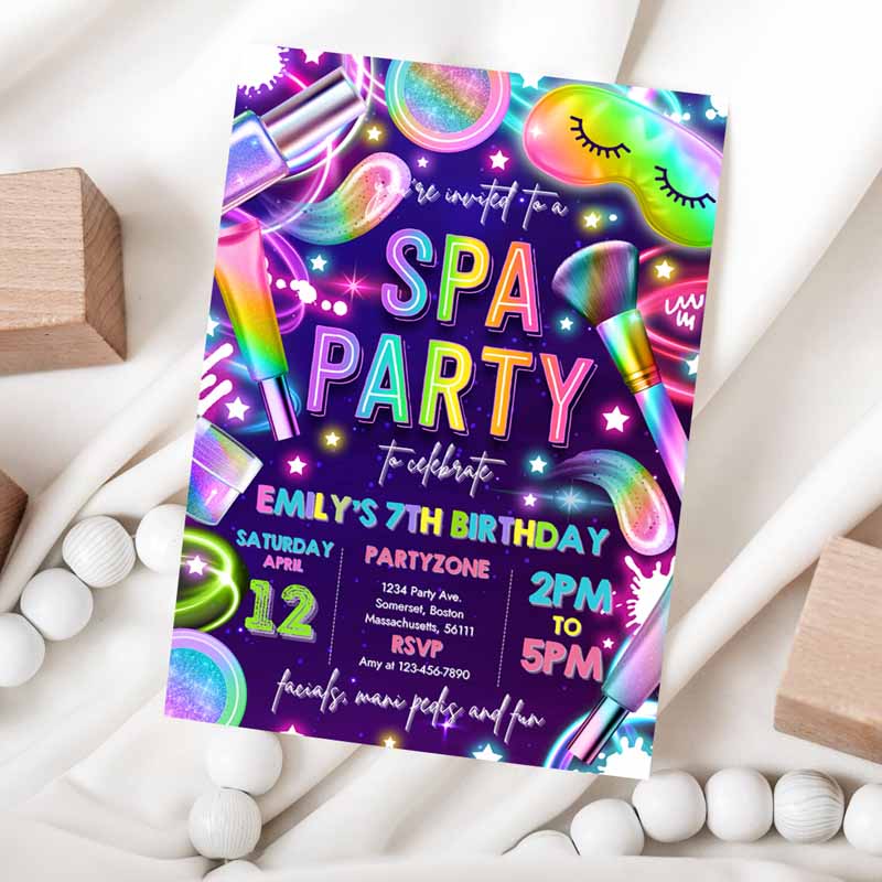 Spa Makeup Kids Birthday Invitation, Neon Glow Spa Party Invitation, Glitz and Glam Makeup Neon Glow Kids Birthday Party