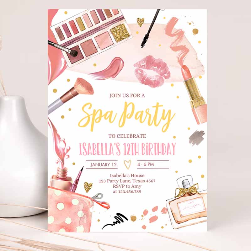 Spa Makeup Kids Birthday, Glam Party, Girl Kids Birthday, Tween Spa Party, Invite Pink Gold