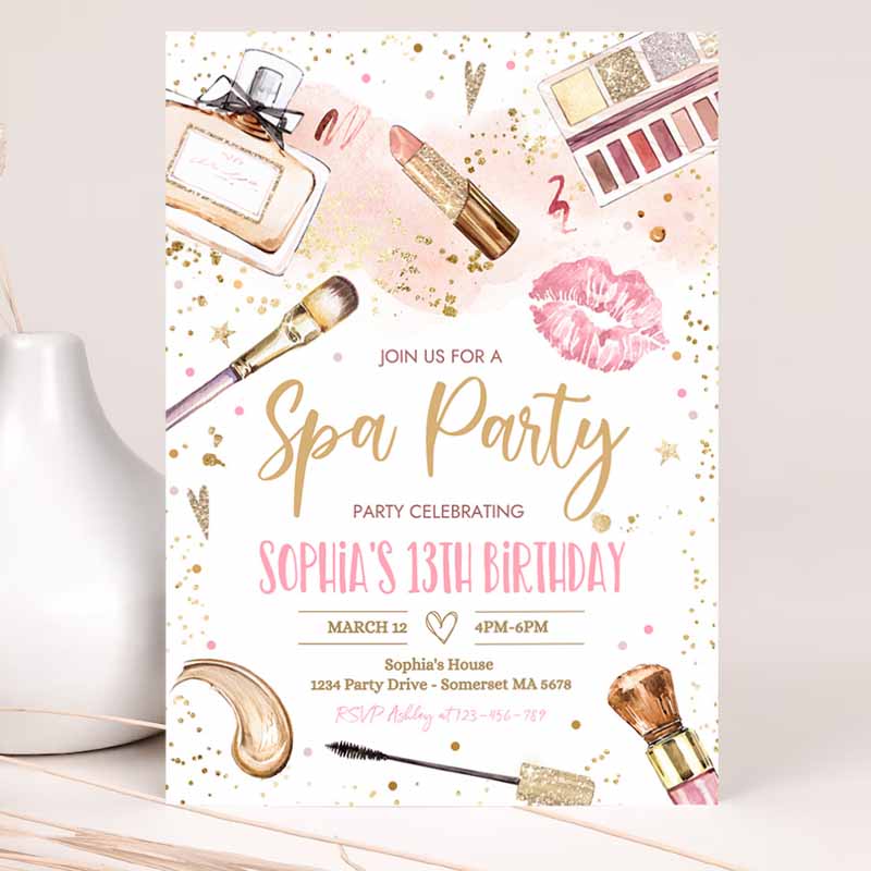 Spa Makeup Kids Birthday, Glam Party Invitation, Girl Blush Pink And Gold Spa Party, Tween Party