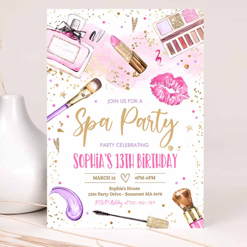 Spa Makeup Kids Birthday, Glam Party Invitation, Girl Pink And Gold Glam Spa Party, Tween Party