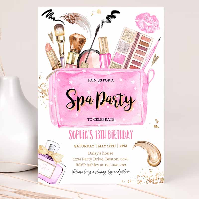 Spa Makeup Kids Birthday, Glam Party Invitation, Girl Pink And Gold Tween Teen Spa Kids Birthday Party