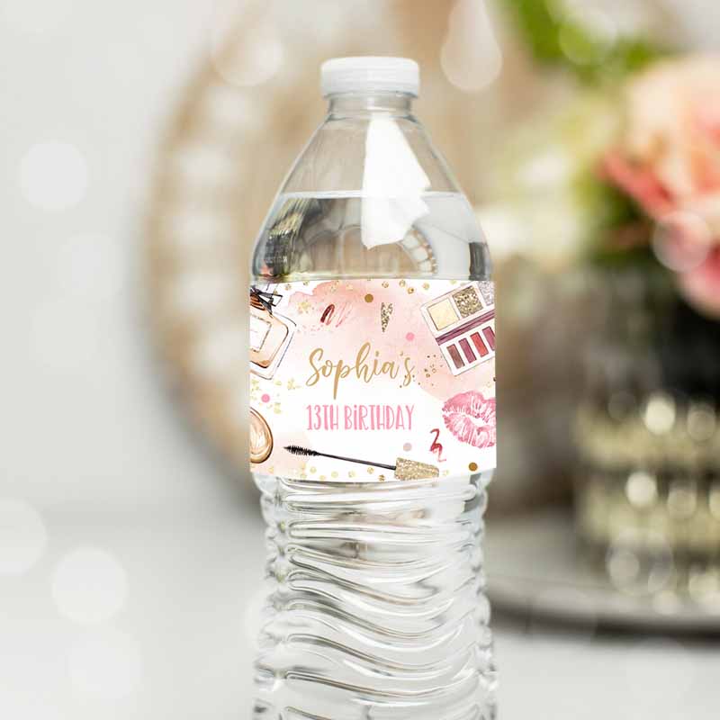 Spa Makeup Party, Water Labels Glitz And Glam Kids Birthday Party, Blush Pink And Gold Girly Glamour Partys