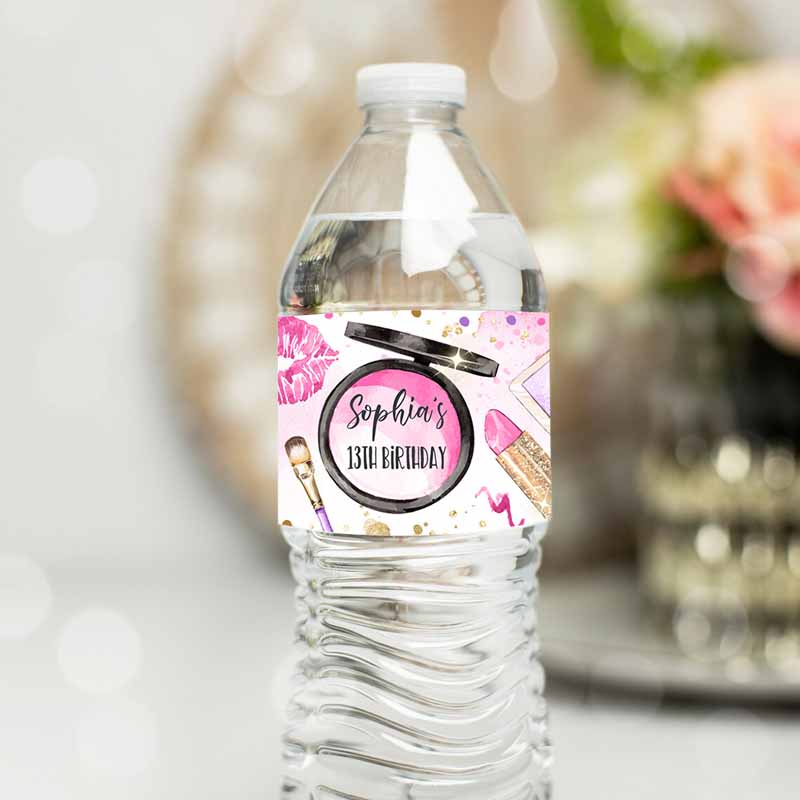 Spa Makeup Party, Water Labels Glitz And Glam Kids Birthday Party, Pink Purple & Gold Girly Glamour Partys