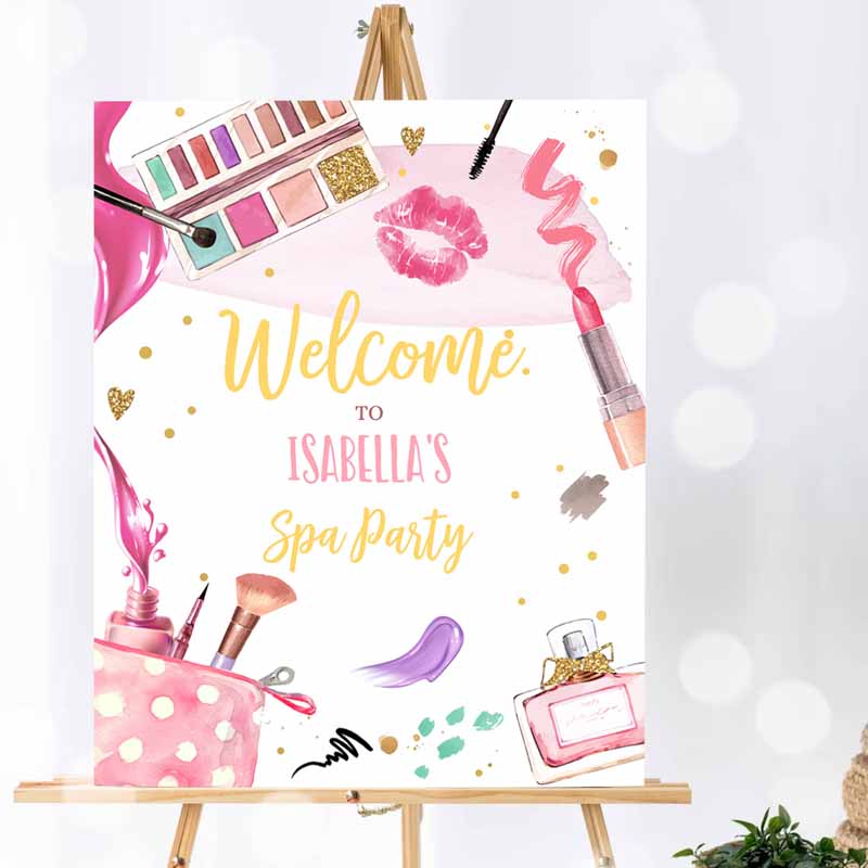 Spa Party, Welcome Sign, Glamour Party, Spa Kids Birthday, Decor Girl Pink and Gold Makeup Party