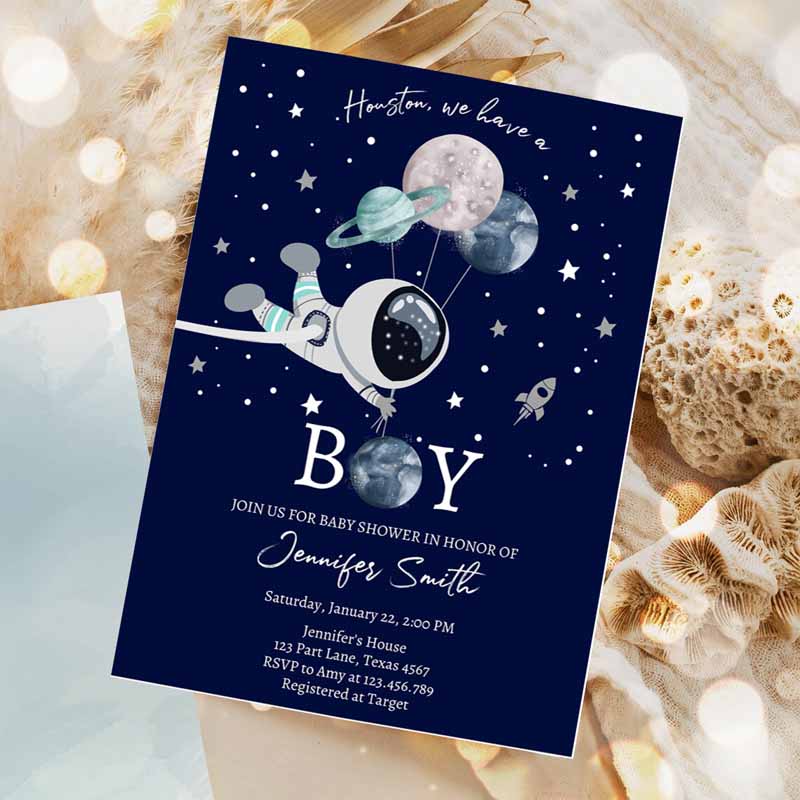 Space Astronaut Baby Shower Invitation, Galaxy Houston It's a Boy Blue Planets Moon Countdown