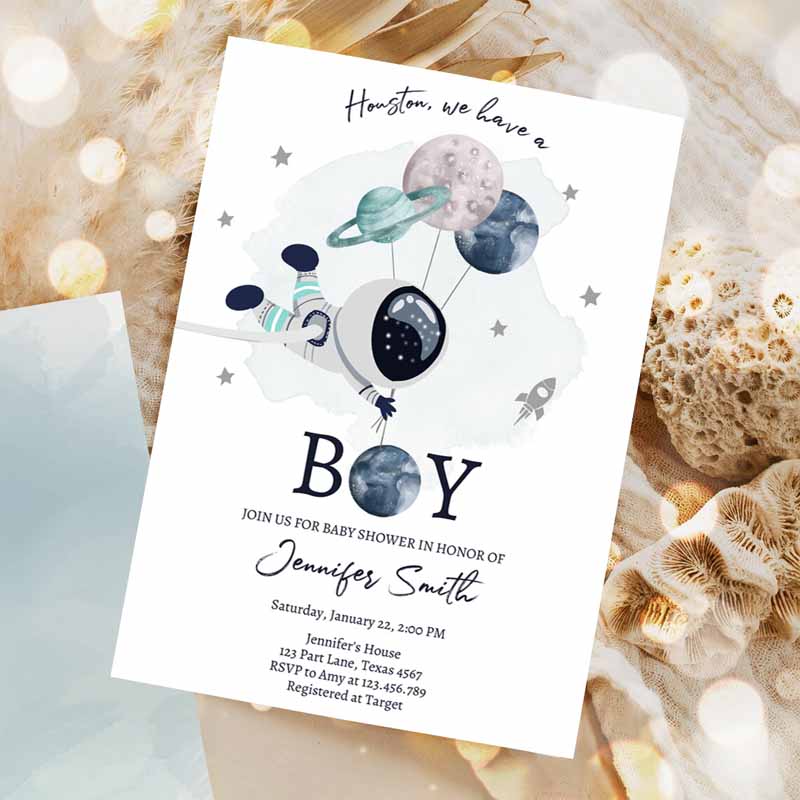 Space Astronaut Baby Shower Invitations, Galaxy Houston It's a Boy Blue Planets Moon Countdown