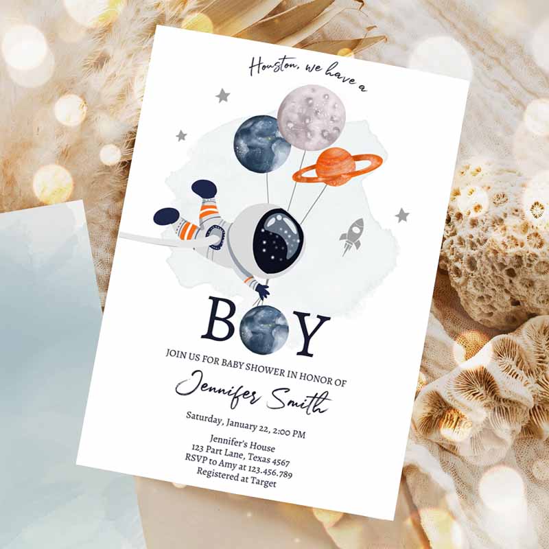 Space Astronaut Baby Shower Party Invitation, Galaxy Houston It's a Boy Orange Planets Moon Countdown