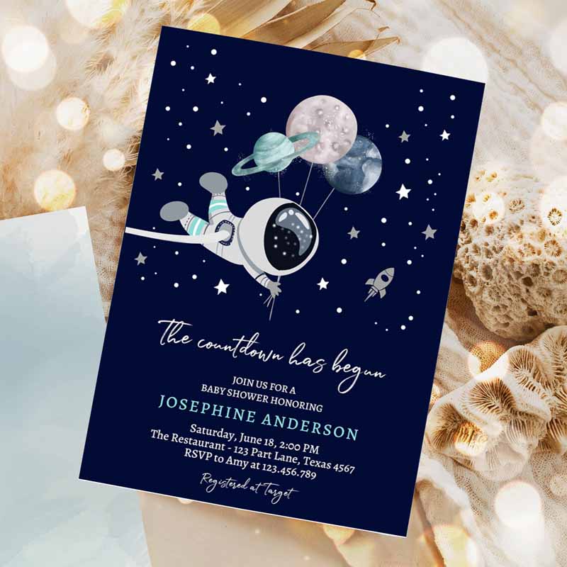 Space Baby Shower Galaxy Outer Space It's a Boy Gold Planets Moon Invitation