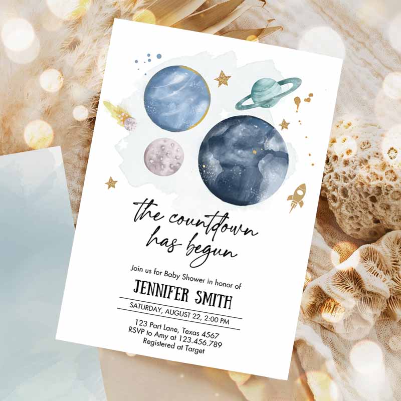 Space Baby Shower Invitation, Galaxy Outer Space It's a Boy Blue Planets Moon Countdown Invite Template