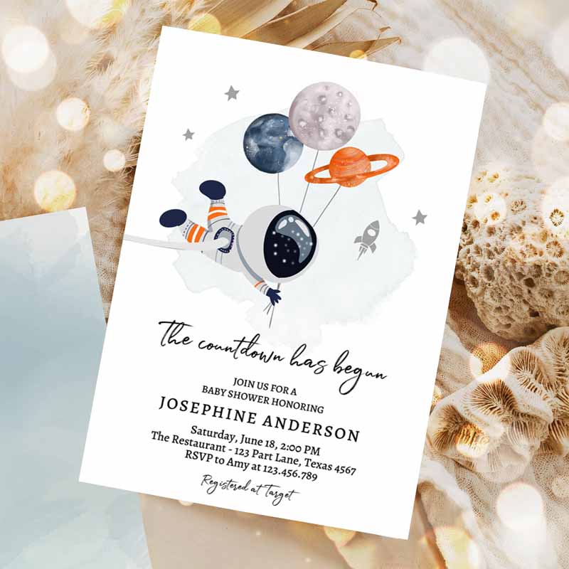 Space Baby Shower Galaxy Outer Space It's a Boy Gold Planets Moon Invitation