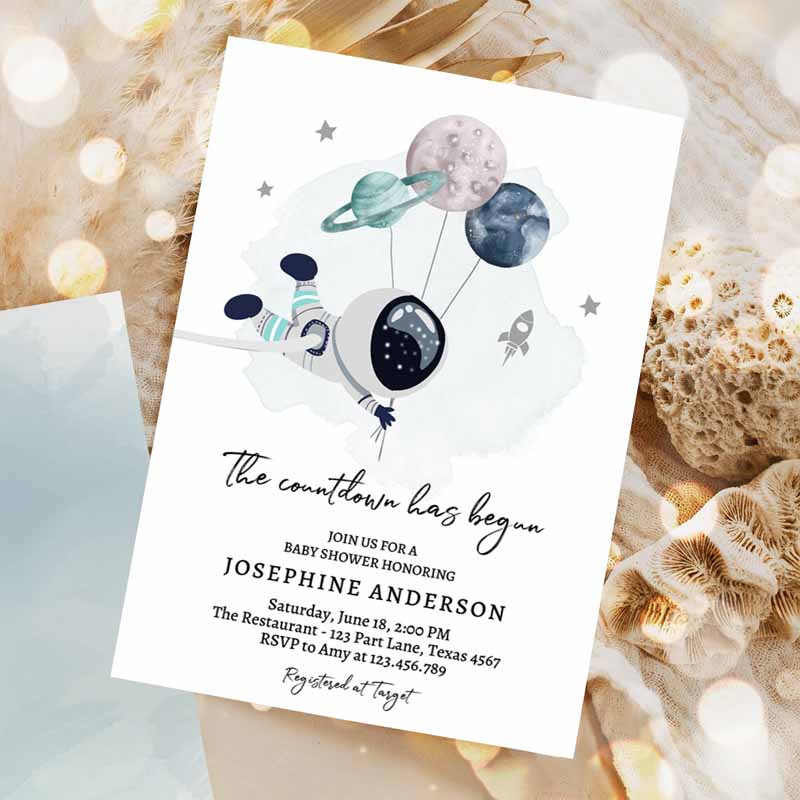 Space Baby Shower Galaxy Outer Space It's a Boy Gold Planets Moon Invitation