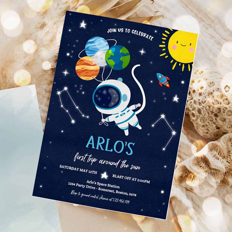 Space Kids Birthday Invitation, First Trip Arounde Sun Boy Rocket Ship Space Planets Galaxy Outer Space Party