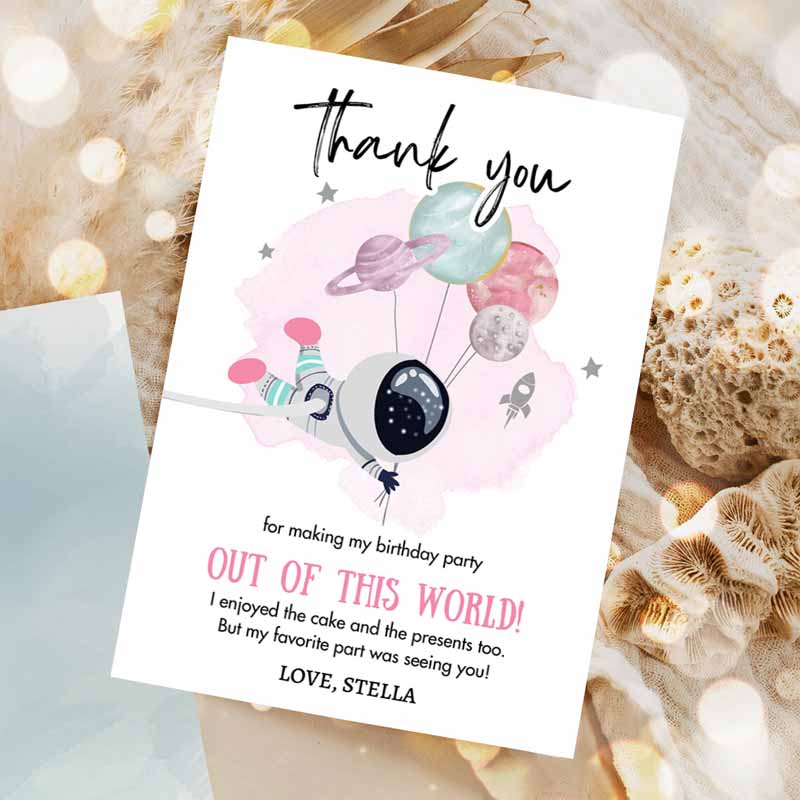 Space Kids Birthday, Thank You Card Girl Space Astronaut Toe Moon Galaxy Thank You Note