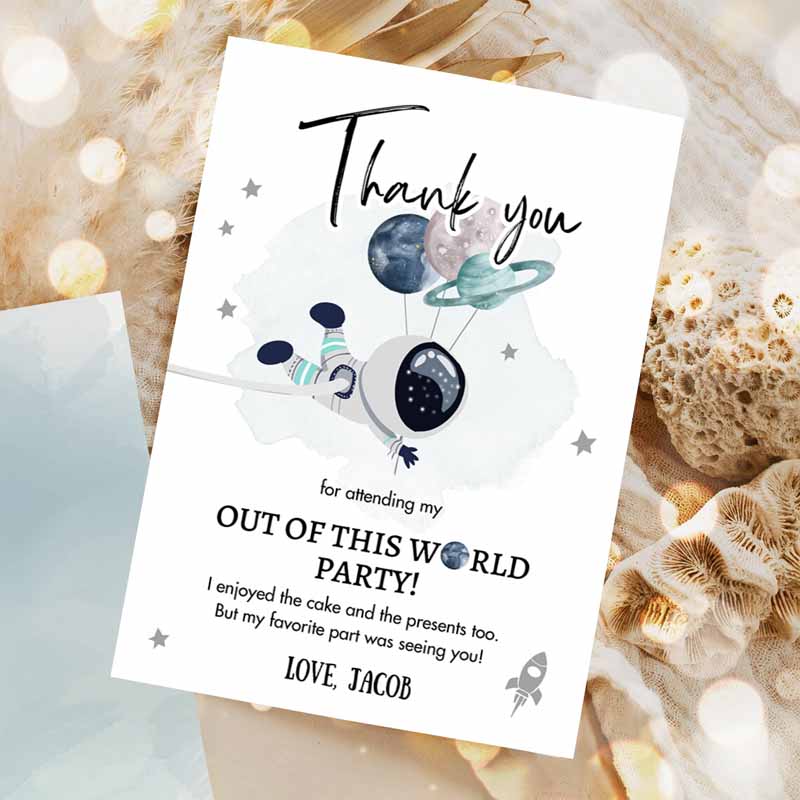 Space Kids Birthday, Thank You Card Space AstronauThank You Note Planets Boy Blue