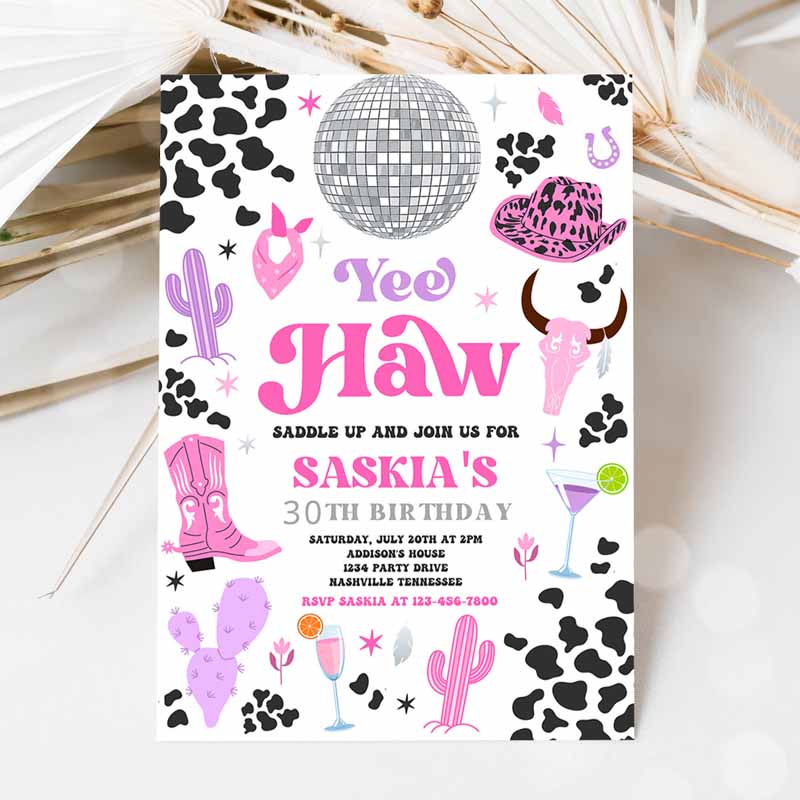 Space Cowgirl Kids Birthday Invitation, Pink Cowgirl Nashville Rodeo Disco Cowgirl Adult's Kids Birthday, Any Age Party