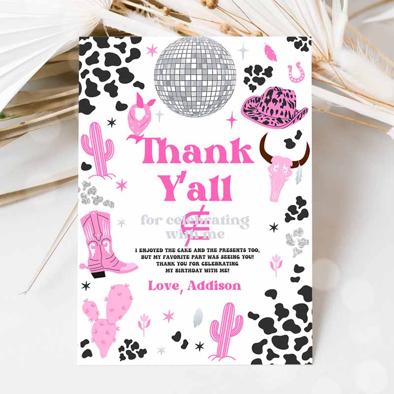 Space Cowgirl Kids Birthday Party, Thank You Card Pink Disco Cowgirl Party, Nashville Rodeo Kids Birthday Party, Any Age