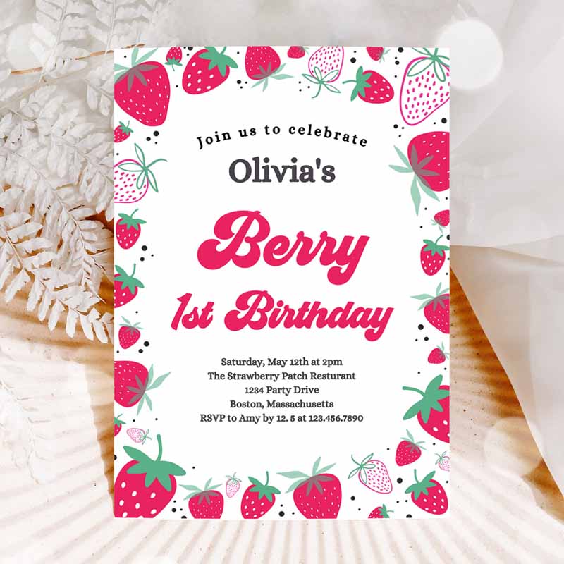 Strawberry Kids Birthday Invitation, Berry First Kids Birthday Invitation, Summer Berries Kids Birthday, Berry Sweet