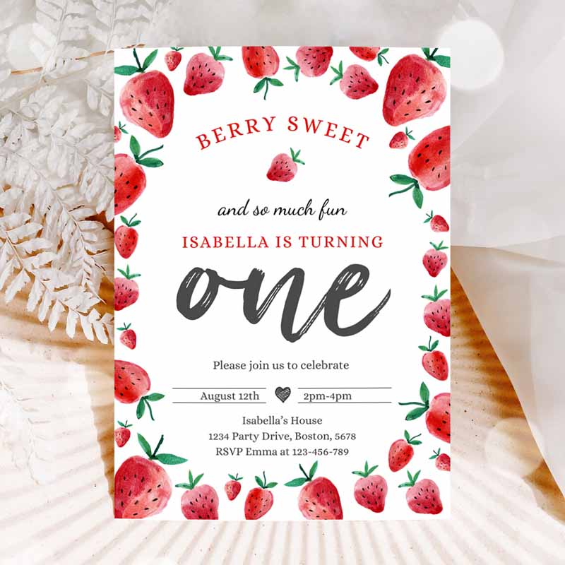 Strawberry Kids Birthday Invitation, Berry Sweet Kids Birthday Invitation, Summer Fruit Berries Kids Birthday Party