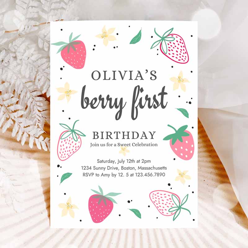 Strawberry Kids Birthday Party, Invite Berry First Kids Birthday Invitation, Summer Berries Kids Birthday, Berry Sweet